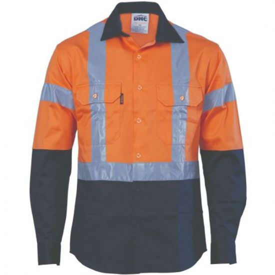 Picture of DNC Work Wear Hi-Vis Orange/Navy Cotton Drill Shirt With H Pattern Reflective Tape - Long Sleeve