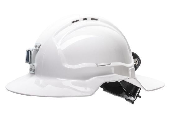 Picture of White Broadbrim hard hat w/ metal miners bracket