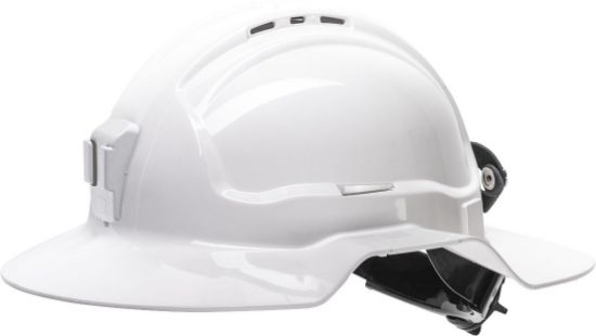 Picture of White Broadbrim hard hat with plastic miners bracket