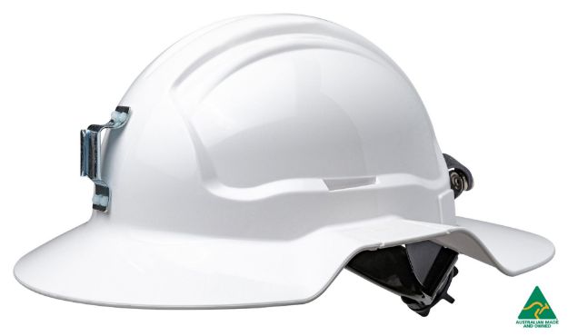 Picture of White Broadbrim hard hat Non-Vented w/ metal miners bracket